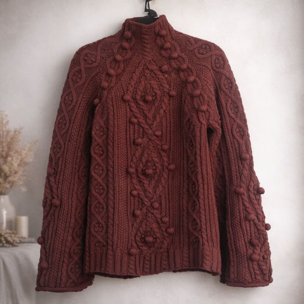 Rebecca Taylor Sweater M Rust Merino Wool Cable Knit Pom Pom Bell Sleeve, mock n
